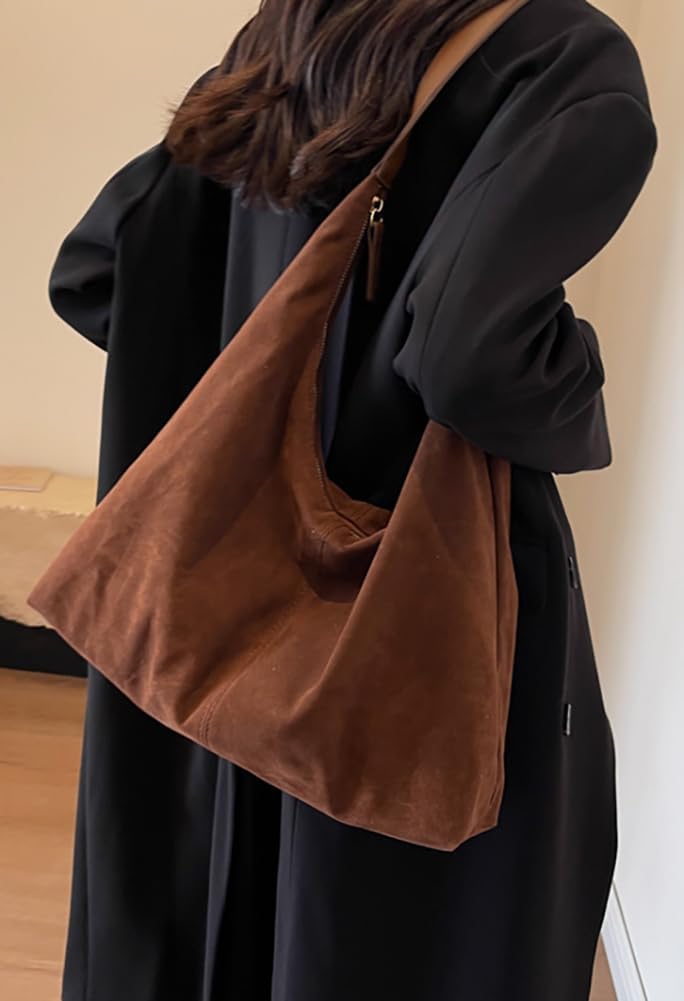 Bagkeak Slouchy Suede Shoulder Bags For Women Underarm Bag Womens Tote Bag Work Purses Crescent Bag Suede Handbag Travel Winter Fall - Image 2